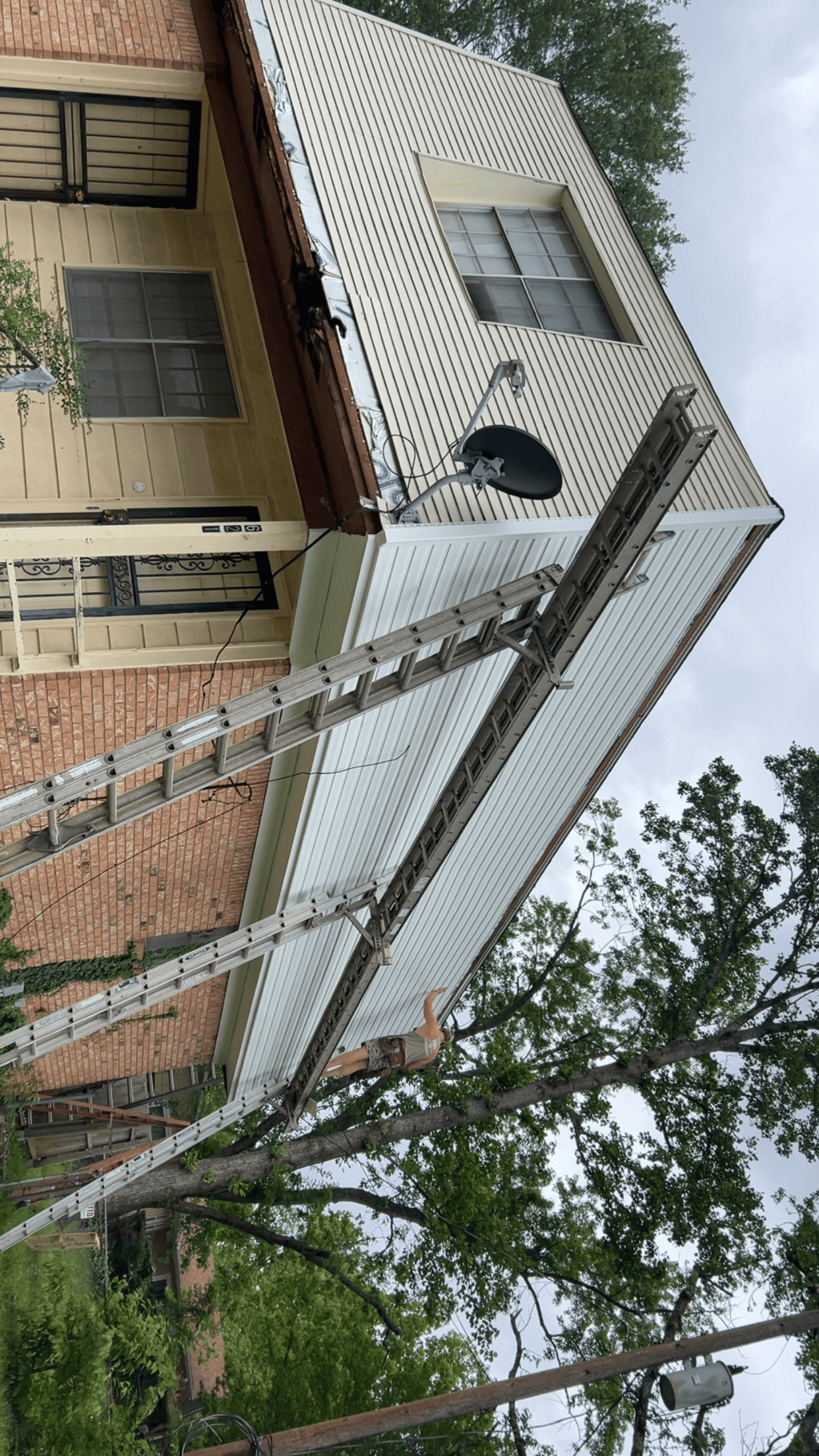 A ladder is hanging from the side of a house.
