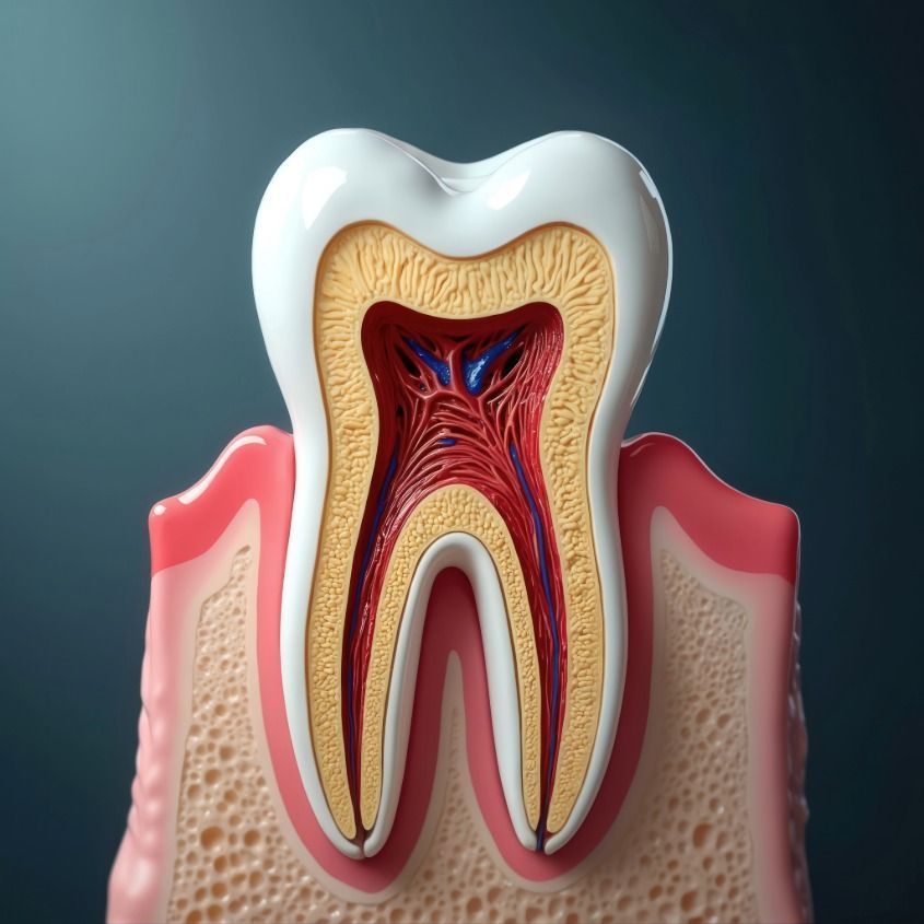 Cross-section of a tooth showing layers: enamel, dentin, pulp with blood vessels, surrounded by gum and bone.