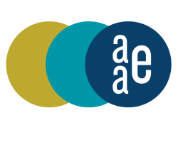 Three overlapping circles: gold, teal, and navy blue. White letters 