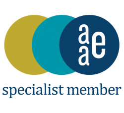 Logo with three circles: gold, teal, and navy. White 