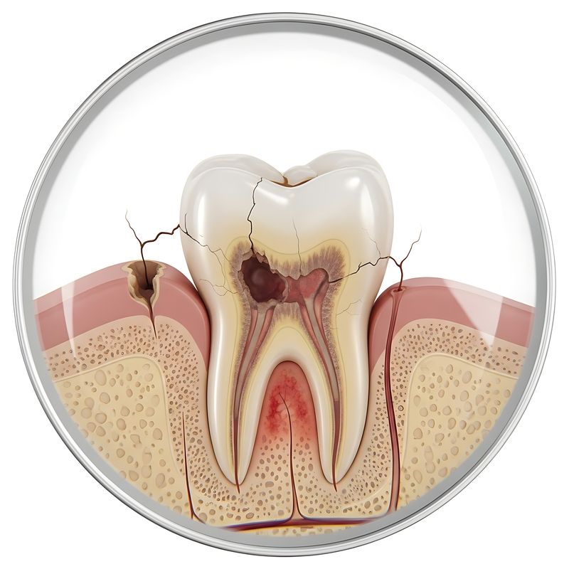 Cross-section of tooth with decay, cracks, and inflamed gums in a magnifying glass.