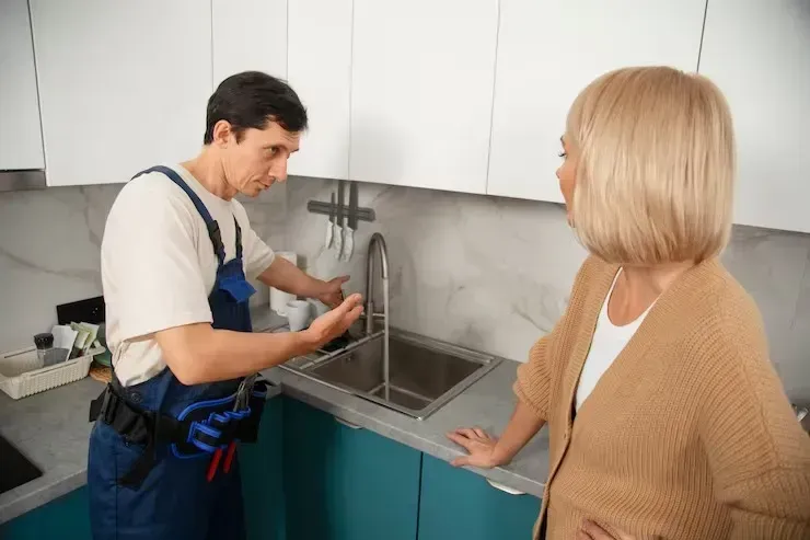 Two people at a kitchen sink, one washing hands while the other watches nearby.