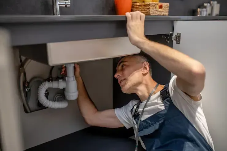 Person repairing plumbing under a sink, reaching up inside the cabinet.