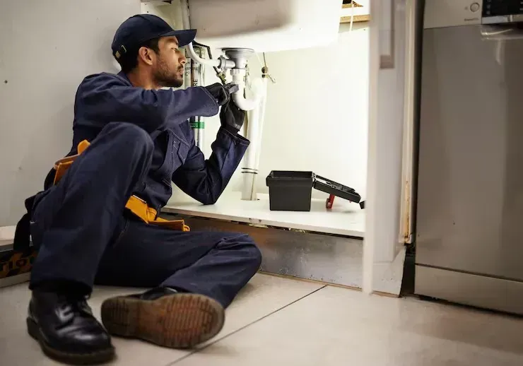 Plumber in blue uniform crouches under a sink, inspecting pipes with a wrench in a kitchen.