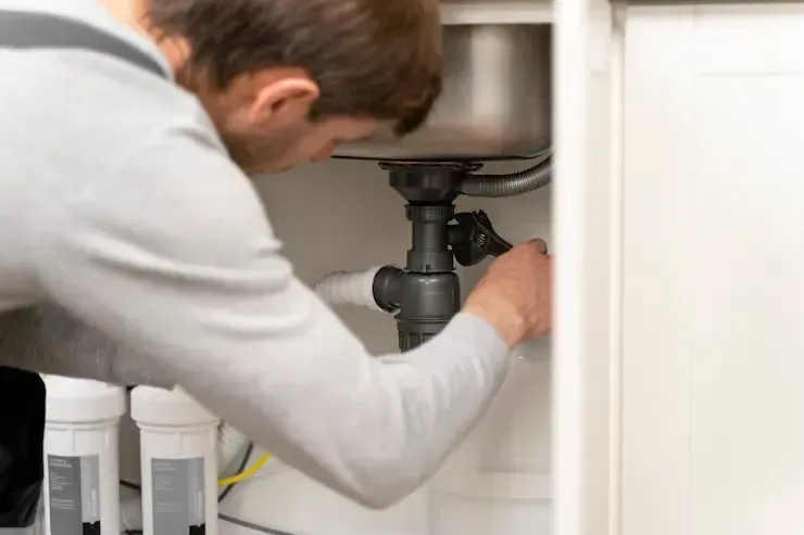 Plumber repairing a sink drain under a bathroom cabinet