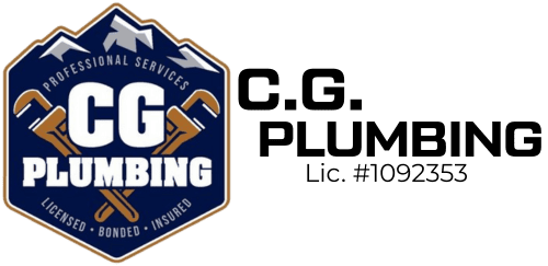 Logo for C.G. Plumbing. Blue, brown, and white logo with mountains and wrenches. Black text next to the logo.