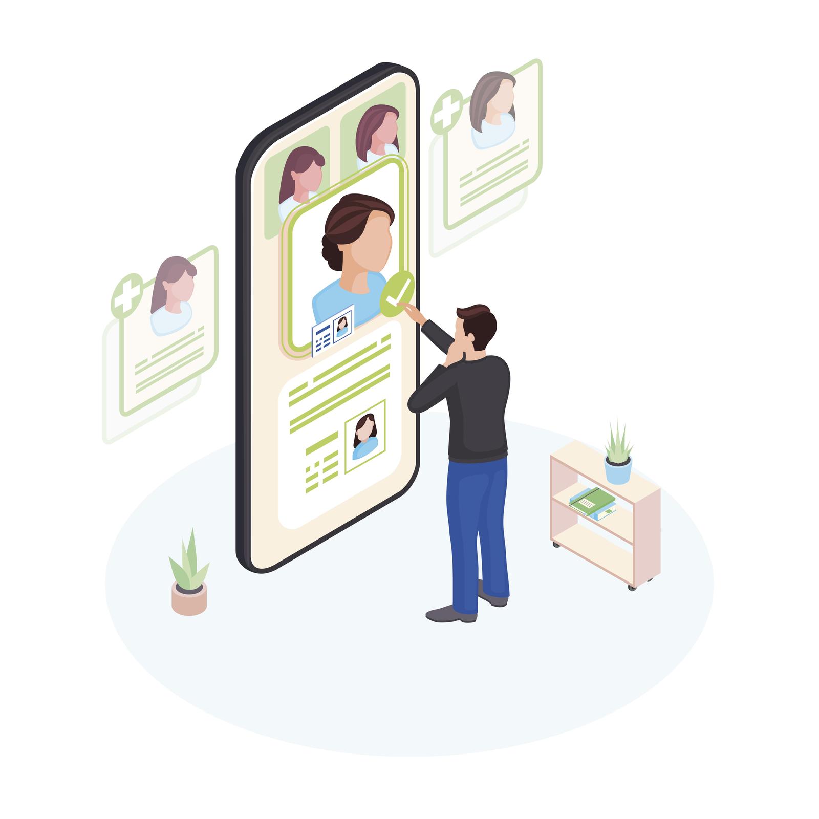 Choosing doctor online isometric illustration. Patient selecting physician profile on smartphone screen