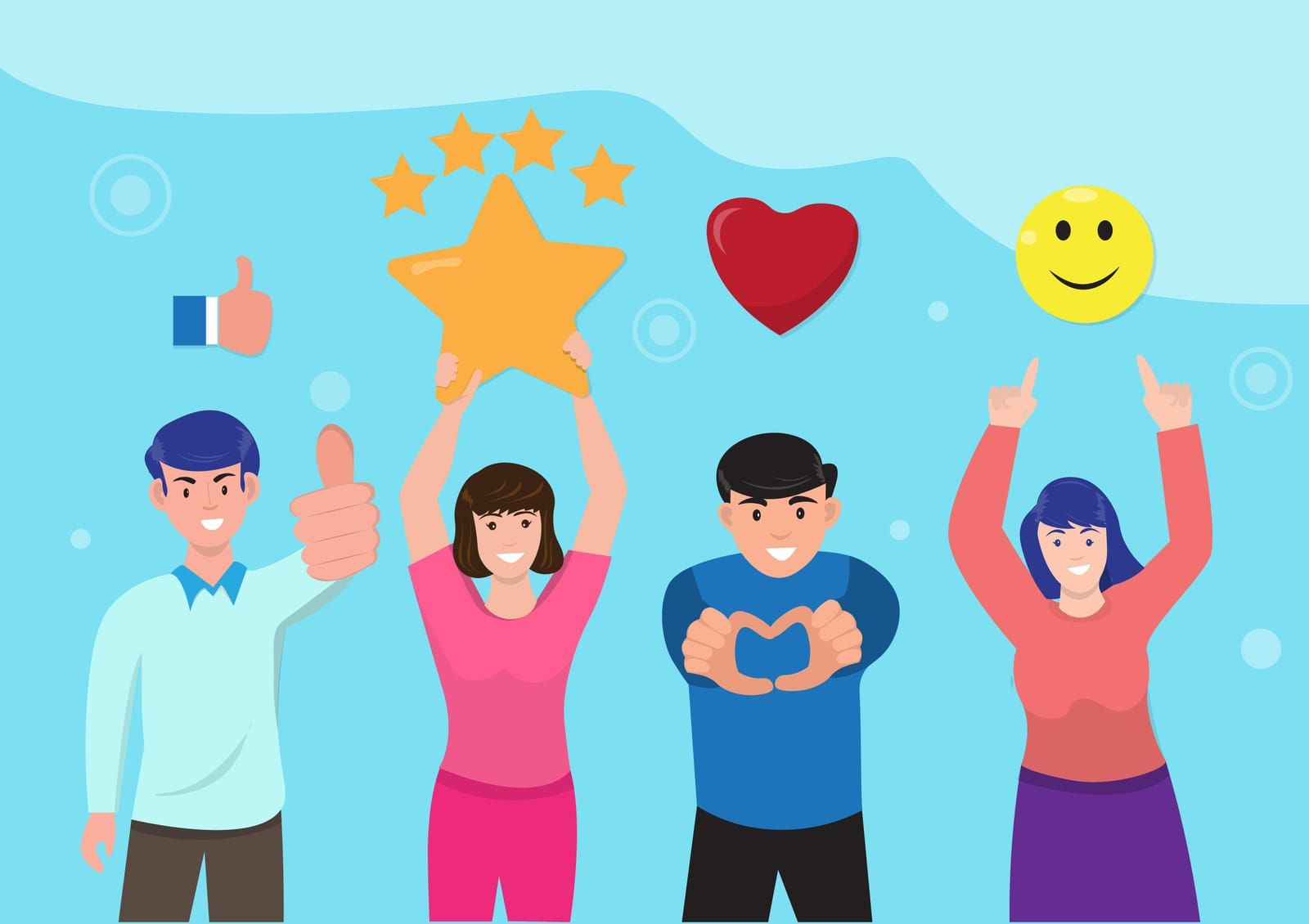 A group of people are standing next to each other holding up a star , heart , and smiley face.