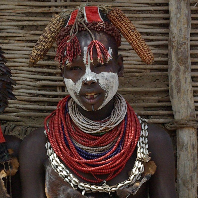 This powerful portrait captures a man from the Mursi Tribe in Ethiopia, looking directly at the camera with intensity. He is fully adorned in detailed traditional attire, jewelry, makeup, and hairstyle, showcasing the unique cultural identity of the Mursi people. Inspiration Africa specializes in designing your unique, tailor-made trip to Ethiopia for respectful cultural immersion and exploring other incredible destinations across Africa. Experience the captivating traditions of the Omo Valley with us!