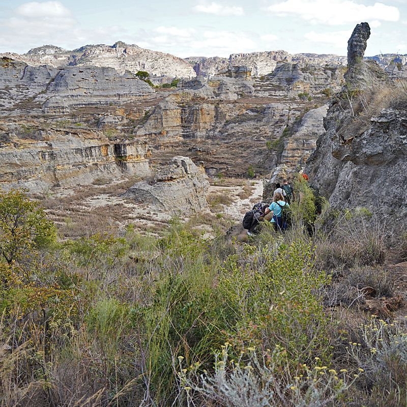 Hiking through Isalo National Park in Madagascar reveals deep canyons, sandstone formations, and hidden natural pools, where lemurs and unique flora thrive in this dramatic, otherworldly landscape.