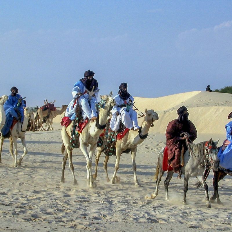 In Mali, traditional life and desert culture come together in powerful, timeless images like this one— men dressed in flowing robes, seated atop their camel against the open Sahelian landscape. Camels have long been essential to Mali’s nomadic tribes, supporting trade, travel, and survival across vast, arid lands. Key regions like Timbuktu, the Niger River Valley, and the deserts of northern Mali offer deep cultural experiences shaped by centuries of movement and tradition. Inspiration Africa designs custom journeys to Mali, connecting travelers with its rich heritage, proud communities, and the enduring spirit of the Sahara and Sahel.