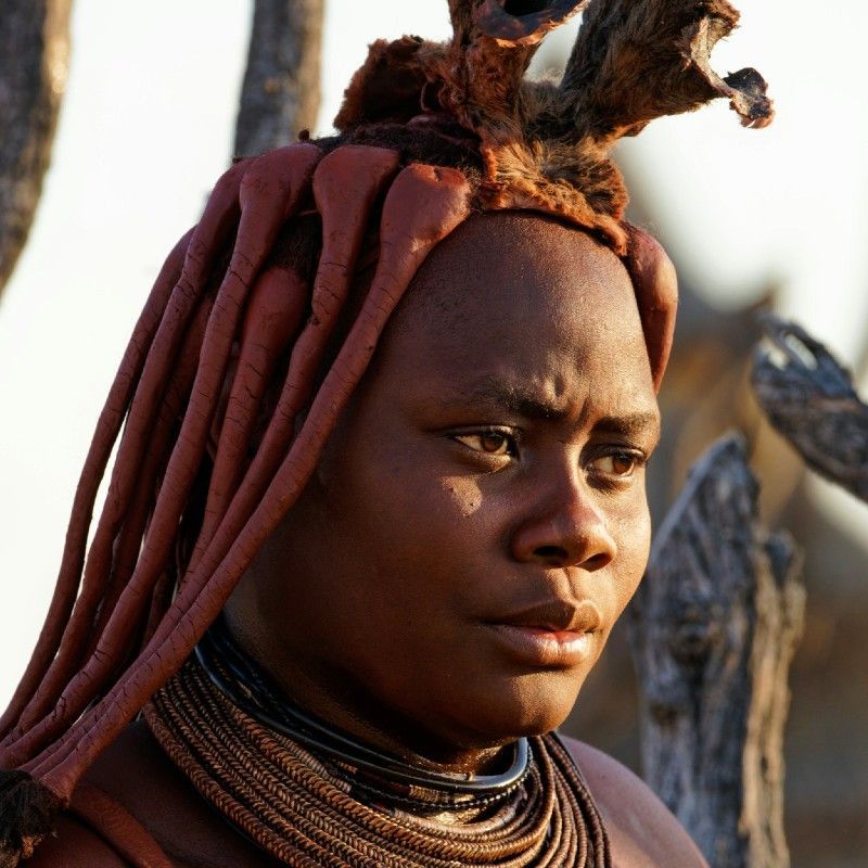 This striking portrait captures a beautiful Himba woman from Namibia, elegantly dressed in her distinctive traditional attire and makeup. She gazes attentively outside the frame, embodying the grace and poise of her culture. Inspiration Africa specializes in designing your unique, tailor-made trip to Namibia for authentic cultural experiences and exploring other extraordinary destinations across Africa. Discover the rich heritage of the Himba people with us!