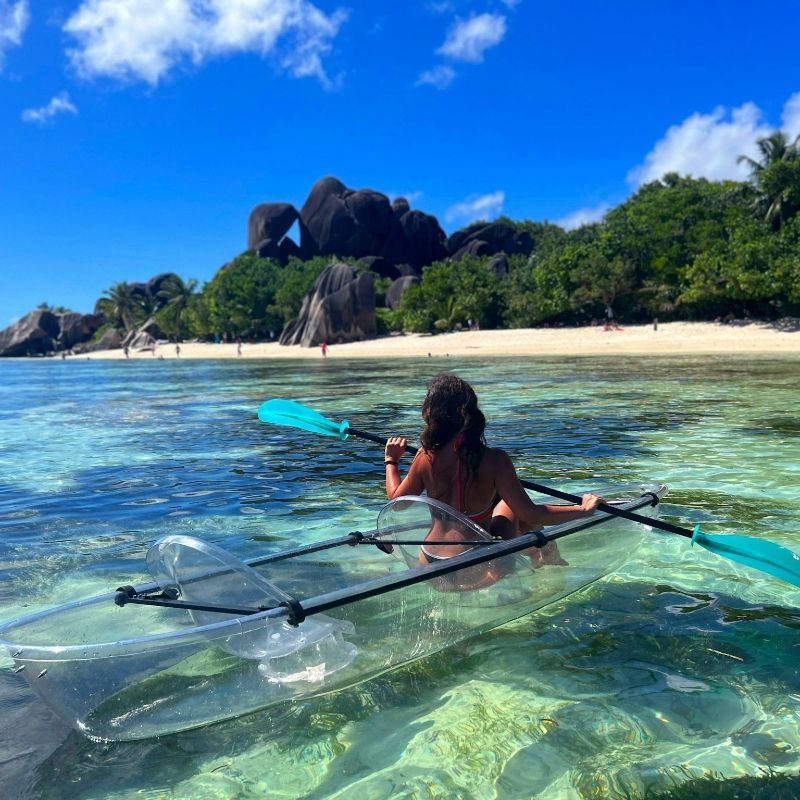 Canoeing and kayaking in the Seychelles offer a tranquil way to explore the archipelago's clear waters, hidden coves, and scenic coastlines. Paddlers can navigate around islands like Mahé, Praslin, and La Digue, discovering pristine beaches, granite rock formations, and abundant marine life along the way