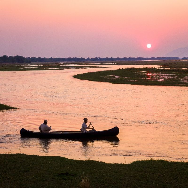 Canoeing the Zambezi River in Mana Pools is a magical experience that brings you close to nature's beauty and wildlife. As you glide through calm waters, surrounded by hippos and elephants, the stunning scenery leaves you in awe. At sunset, the sky turns into a canvas of fiery hues, casting golden reflections on the river. The tranquility of the moment, paired with the sounds of the wild, creates an unforgettable, serene adventure in Zimbabwe's wilderness.