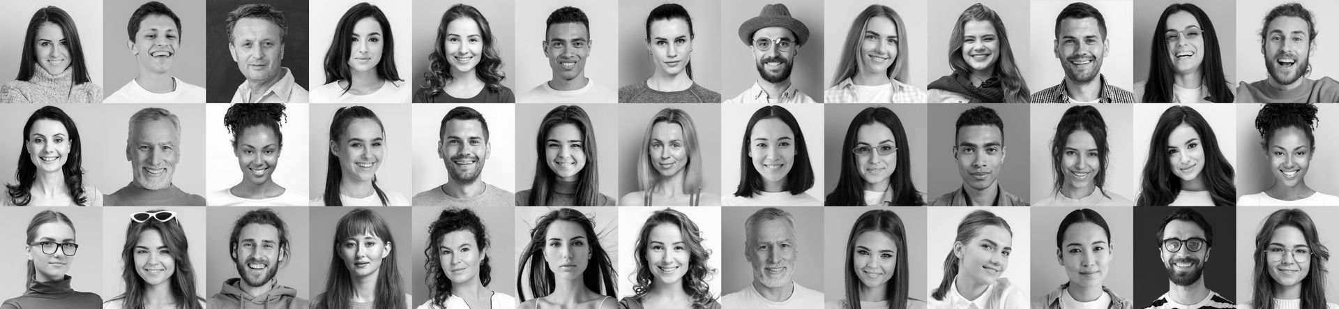 Grid of 48 black and white headshots of diverse people, smiling.