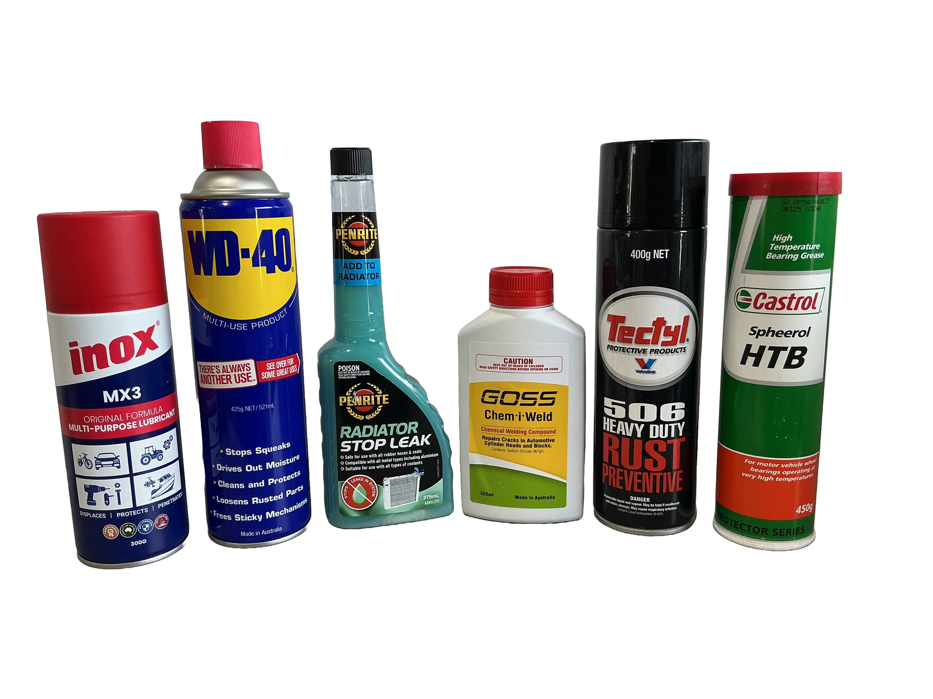 Six automotive chemical cans in various colors, from left to right: red, blue, green, white, black, and green. — Rainbow Beach 4x4 Accessories in Rainbow Beach, QLD