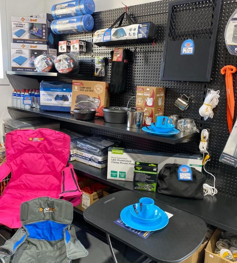 Camping Gear Display in a Store, Featuring Tents, Chairs, Cookware, and Other Outdoor Equipment — Rainbow Beach 4x4 Accessories in Rainbow Beach, QLD