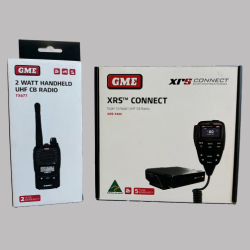Two GME radio boxes: a handheld and a mobile unit with a microphone and a control head. — Rainbow Beach 4x4 Accessories in Rainbow Beach, QLD