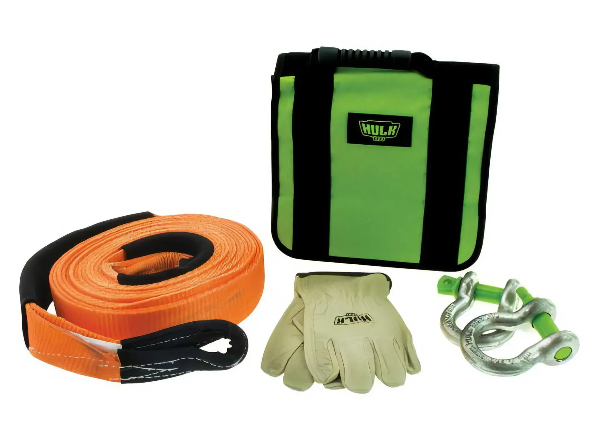 Orange Tow Strap, Green Bag, Safety Gloves, and Green D-shackles — Rainbow Beach 4x4 Accessories in Rainbow Beach, QLD
