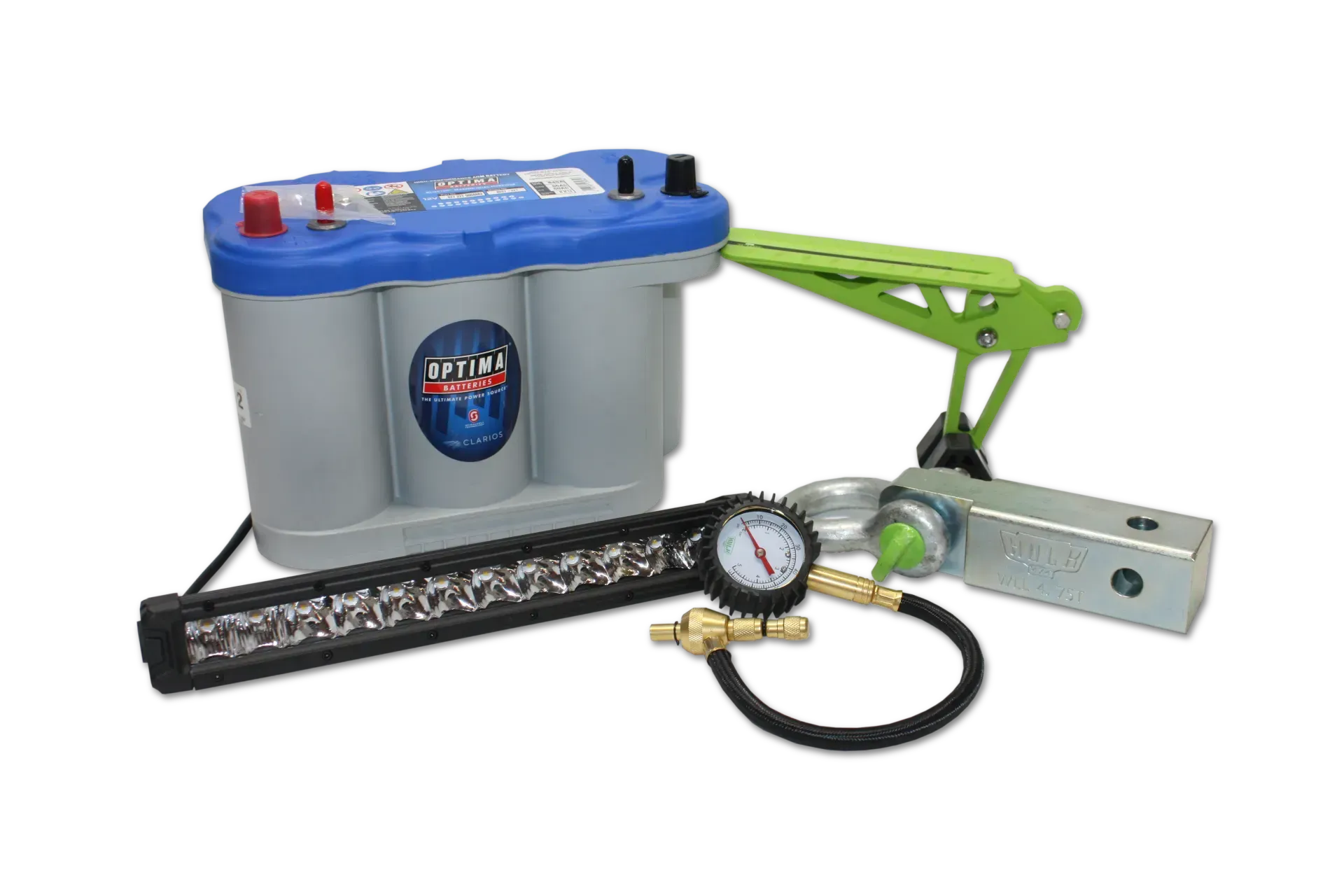 A Blue Car Battery, Led Light Bar, Air Pressure Gauge, and Towing Components — Rainbow Beach 4x4 Accessories in Rainbow Beach, QLD