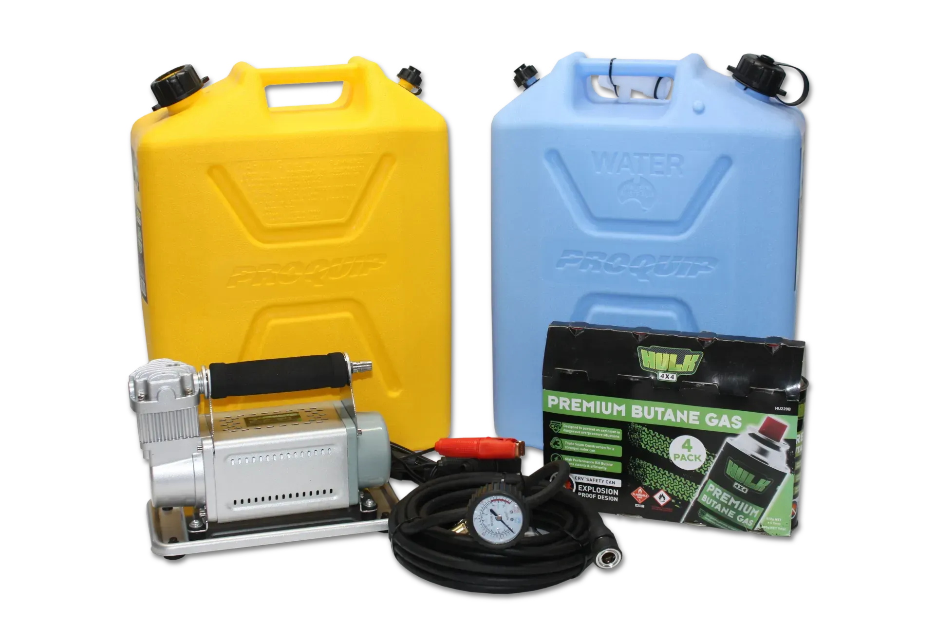 Yellow Fuel Can and Blue Water Can With an Air Compressor, Hose, and Butane Gas Canister — Rainbow Beach 4x4 Accessories in Rainbow Beach, QLD