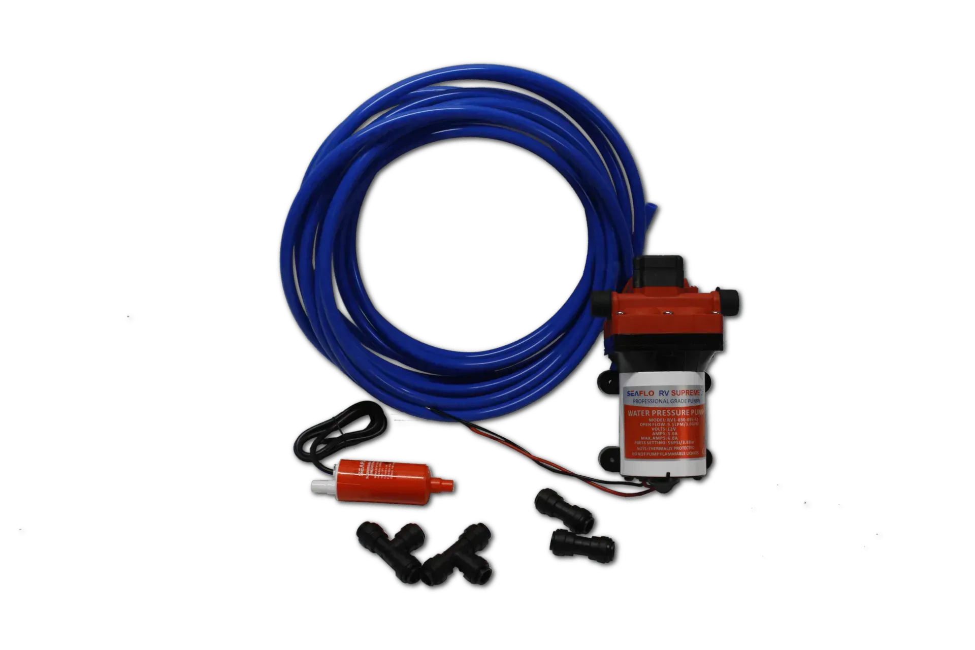 A Blue Hose Coiled With a Red Water Pump, a Filter, and Black Fittings — Rainbow Beach 4x4 Accessories in Rainbow Beach, QLD