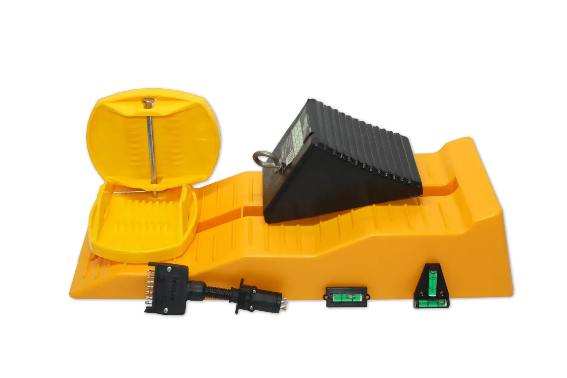 Yellow Truck Leveling System With Black Chock, Levels, and Trailer Connector — Rainbow Beach 4x4 Accessories in Rainbow Beach, QLD