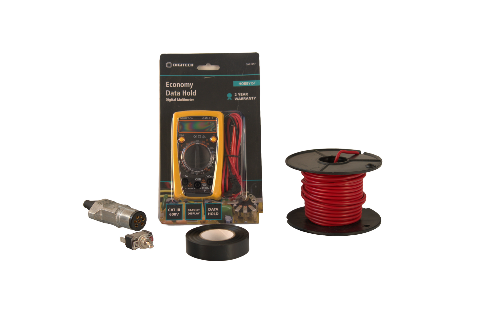 Multimeter, wire spool, electrical tape, and connector on a white background. — Rainbow Beach 4x4 Accessories in Rainbow Beach, QLD