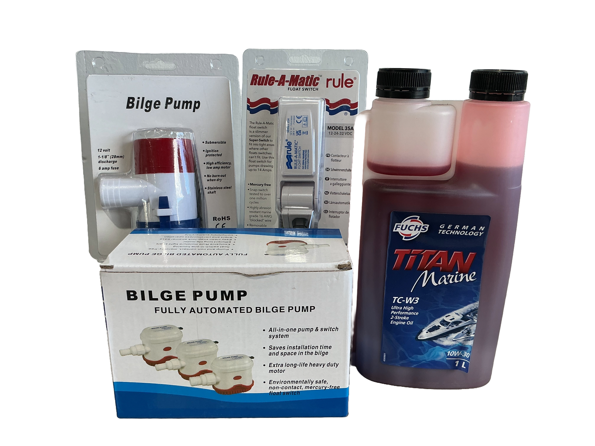 Bilge pump kit with Titan Marine oil bottle, white and red. — Rainbow Beach 4x4 Accessories in Rainbow Beach, QLD
