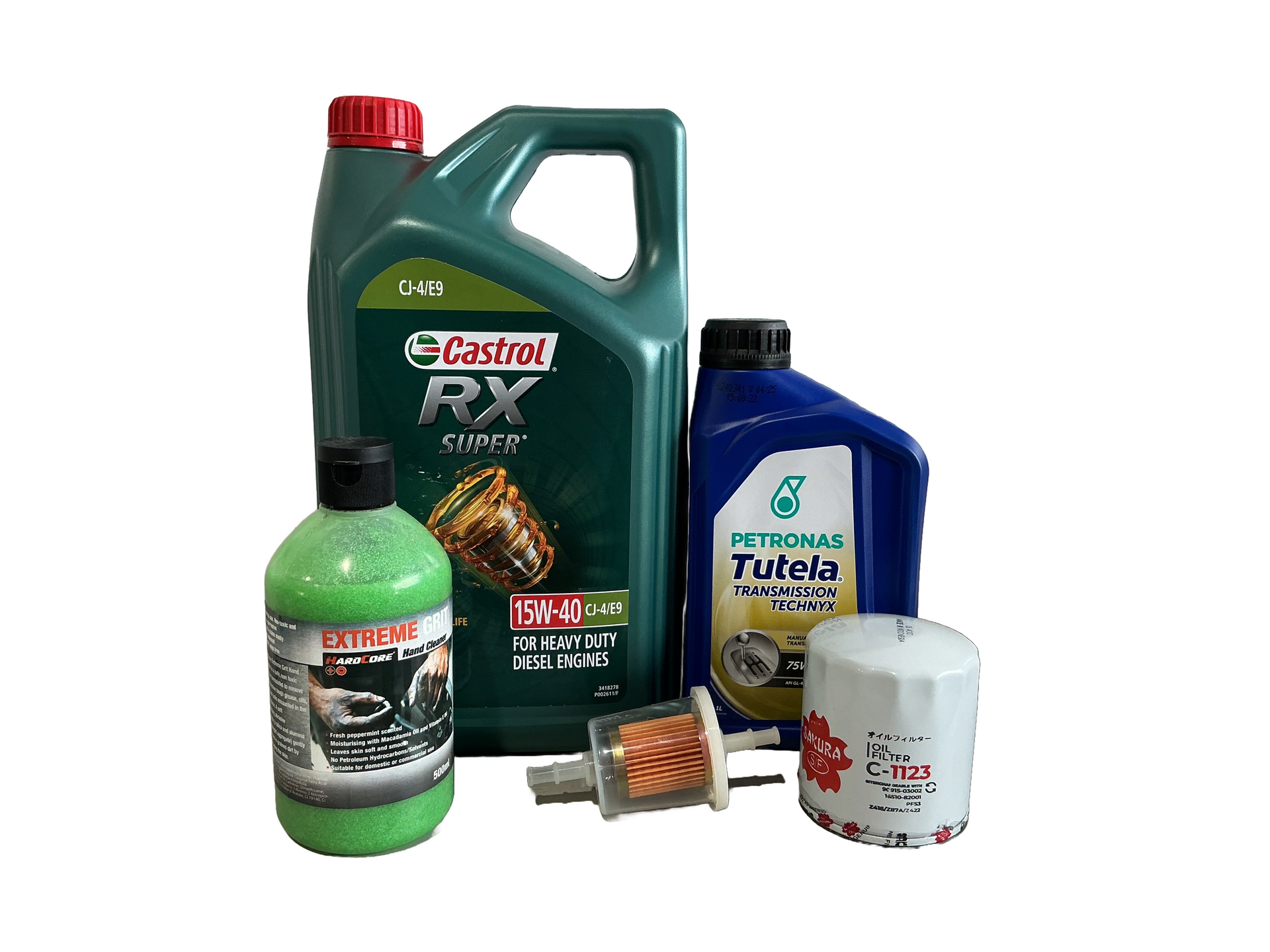 Motor oil, filter, and additives: Castrol and Petronas brand bottles and components against white. — Rainbow Beach 4x4 Accessories in Rainbow Beach, QLD
