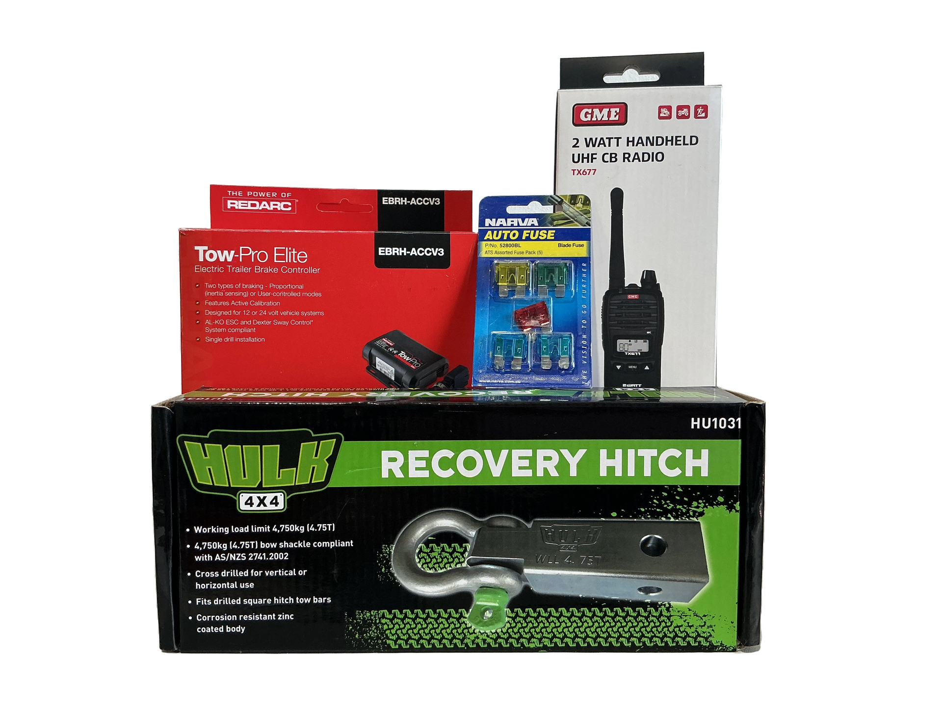 A collection of vehicle recovery and towing accessories: recovery hitch, tow kit, radio, and fuses. — Rainbow Beach 4x4 Accessories in Rainbow Beach, QLD