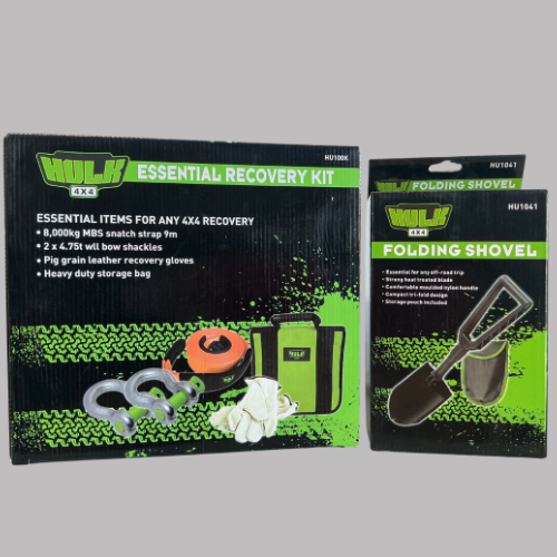 Recovery kit and folding shovel. Black and green packaging. Includes a tow strap and recovery gear. — Rainbow Beach 4x4 Accessories in Rainbow Beach, QLD