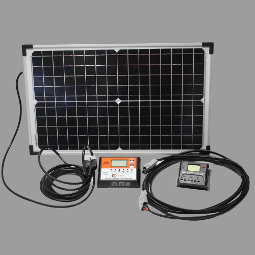 Solar panel kit with a black panel, charge controllers, and cables. — Rainbow Beach 4x4 Accessories in Rainbow Beach, QLD