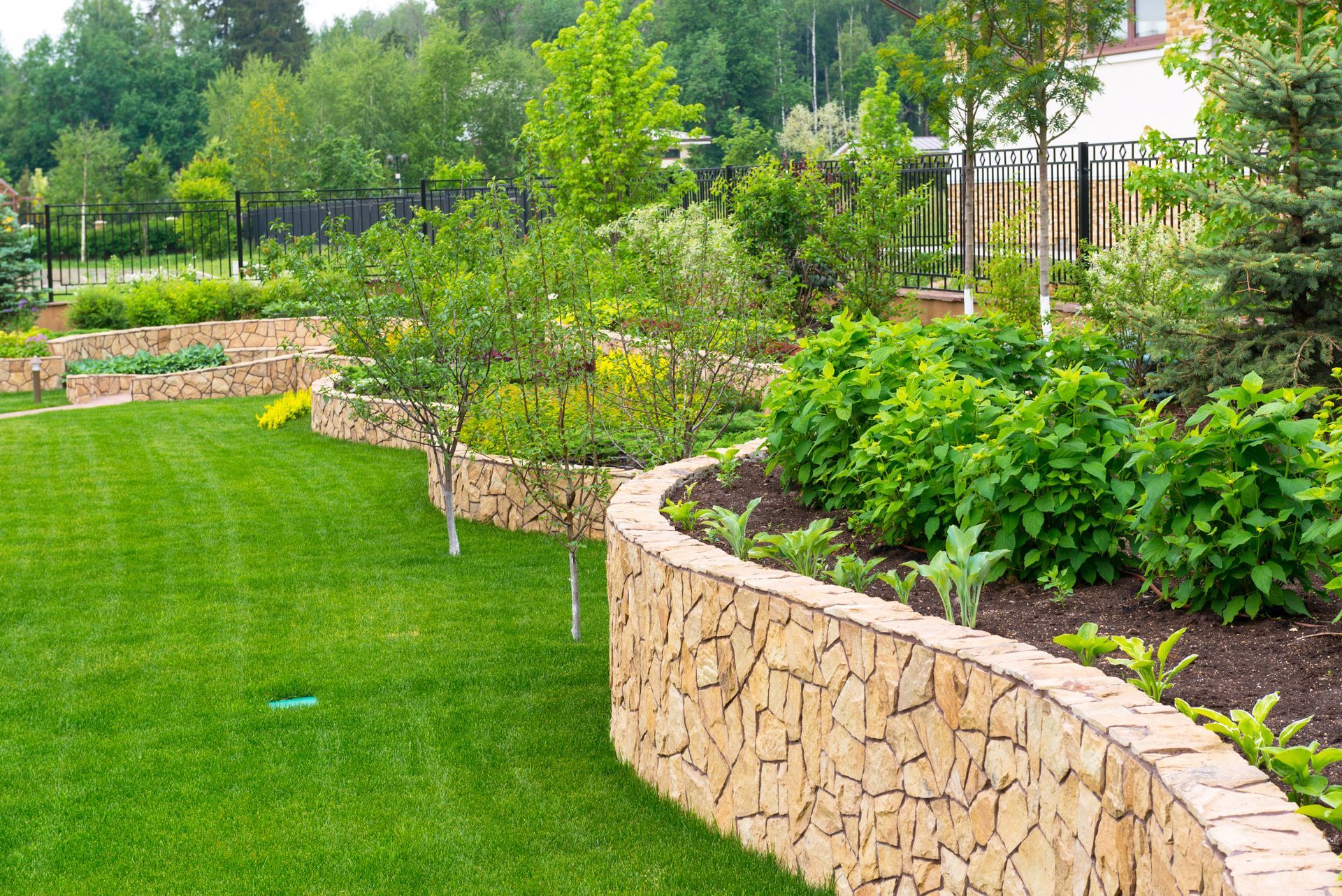 Green lawn with curved stone walls supporting tiered garden beds filled with various plants and trees. Green lawn with curved stone walls supporting tiered garden beds filled with various plants and trees.