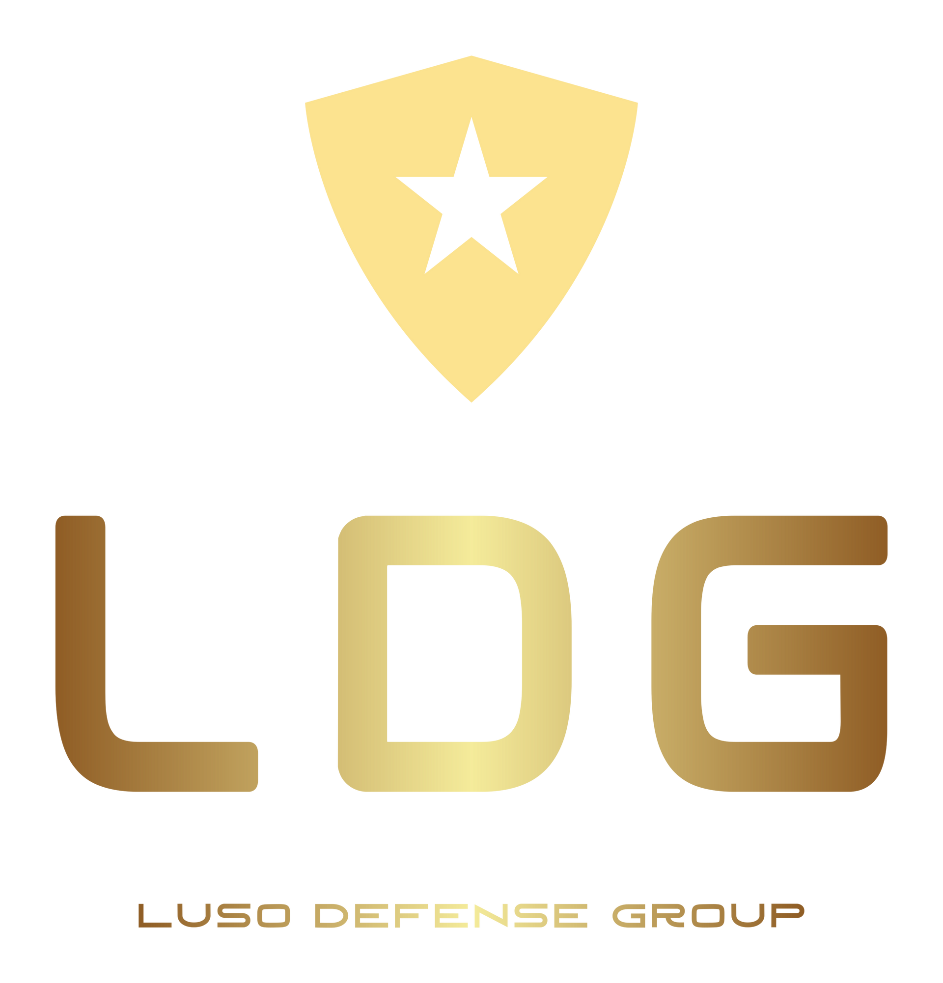 Escudo dourado com uma estrela, acima das letras douradas LDG, 