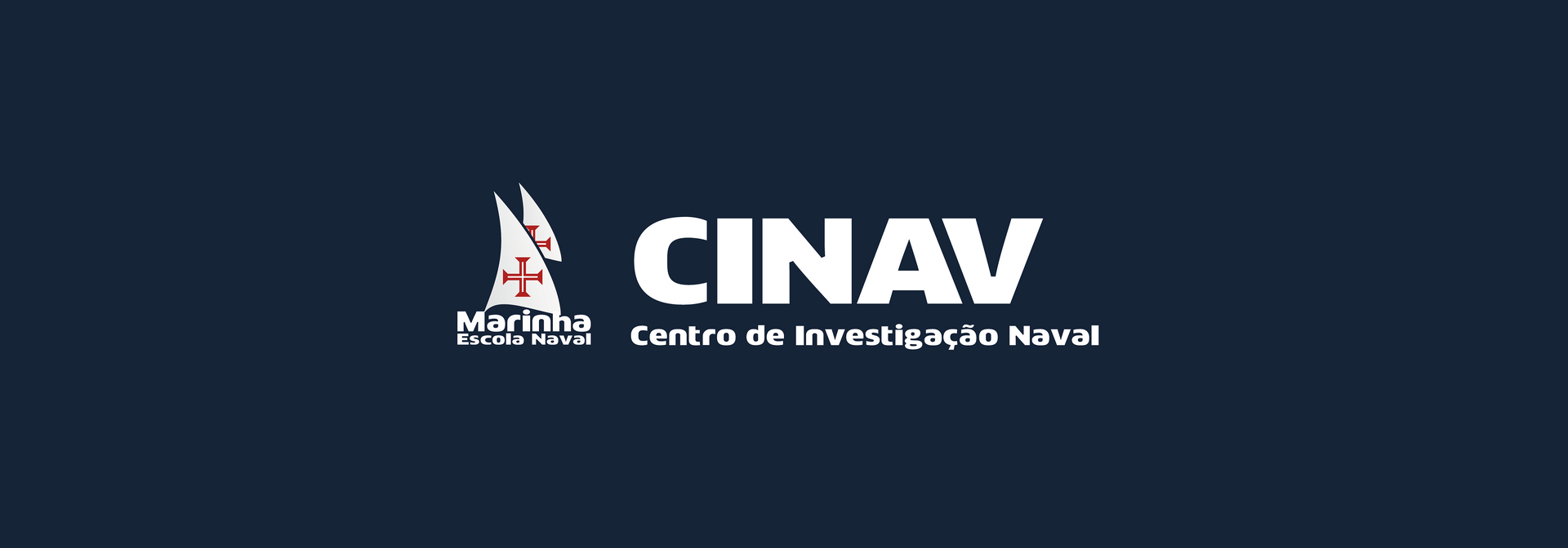 Logotipo da CINAV com um barco estilizado sobre um fundo azul escuro. O texto 