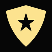 Escudo dourado com uma estrela preta sobre fundo preto.