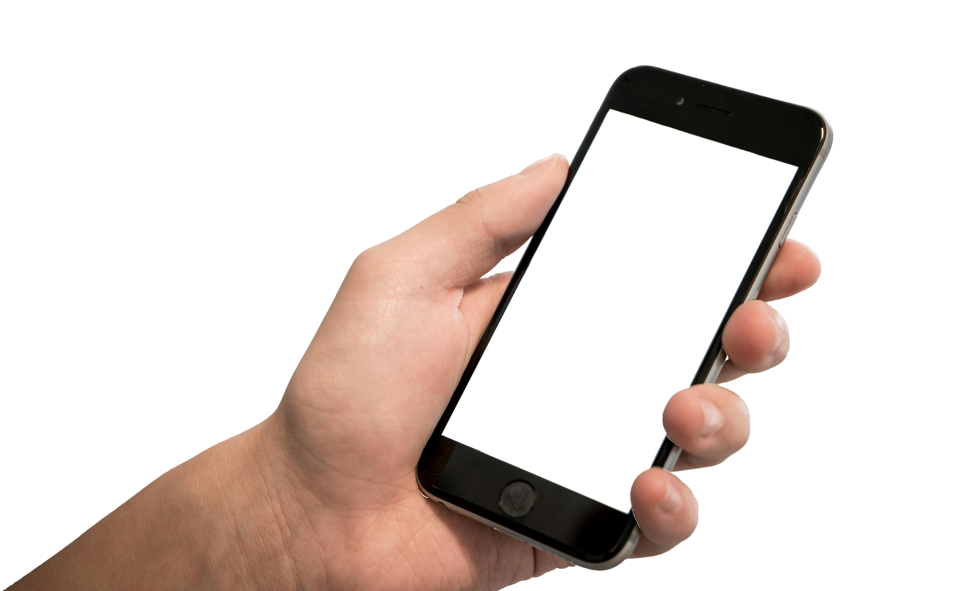 A hand is holding a cell phone with a white screen.