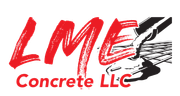 The logo for lme concrete llc is red and black.