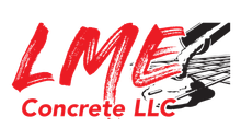The logo for lme concrete llc is red and black.