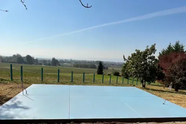 A green house with a concrete patio in front of it.