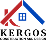 A red and blue logo for Kergos Construction and Design, LLC.