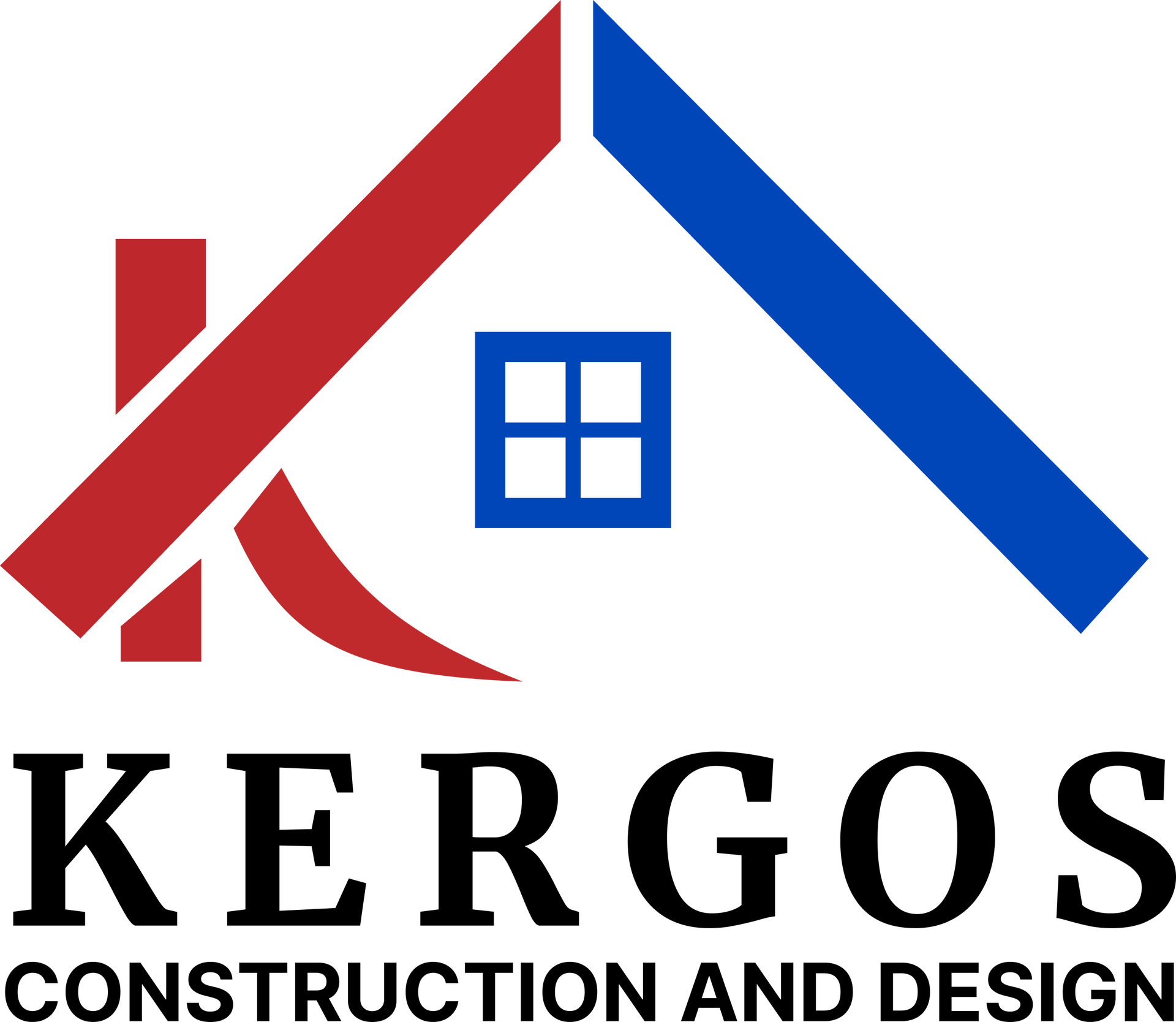 A red and blue logo for Kergos Construction and Design, LLC.