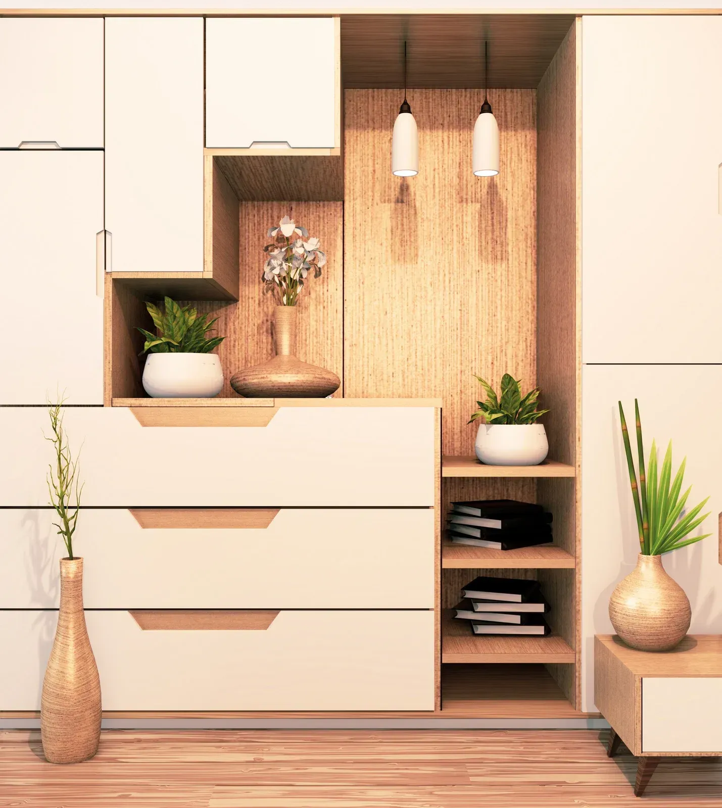 A room with a dresser , shelves , vases and potted plants.