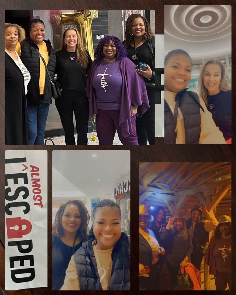 Group of women celebrating, indoors. Posing with “I almost escaped” sticker. Smiling faces.