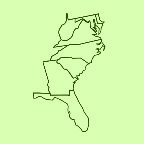 Map of the southeastern United States outlined in green against a light green background.