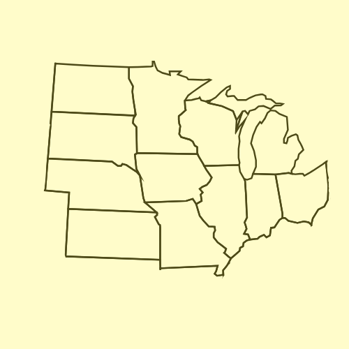 Map outlining the midwestern United States, showing state borders in tan on a yellow background.