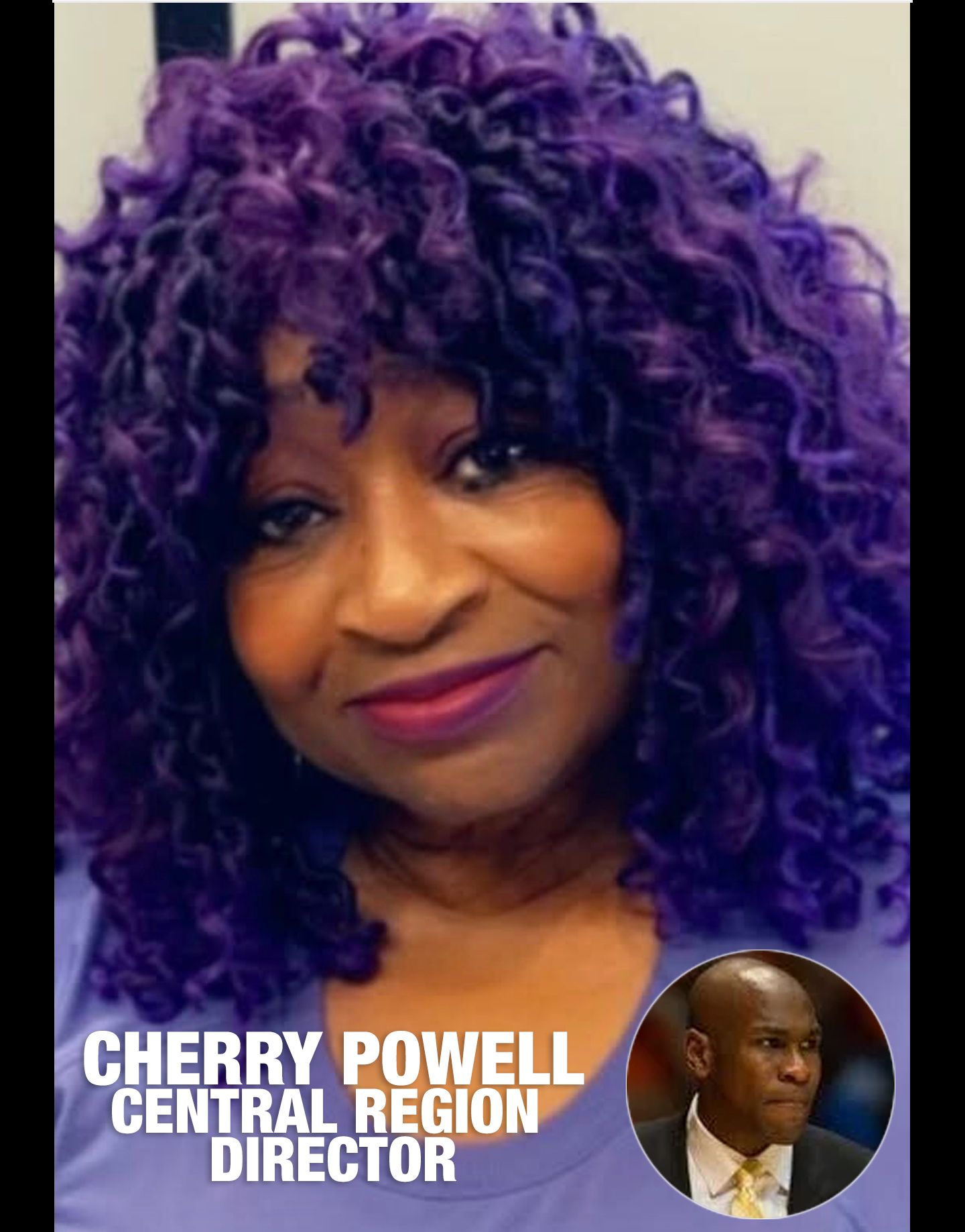 Alberder Hampton Gillespie, Central Region Director, with inset photo of a young man with dreadlocks.