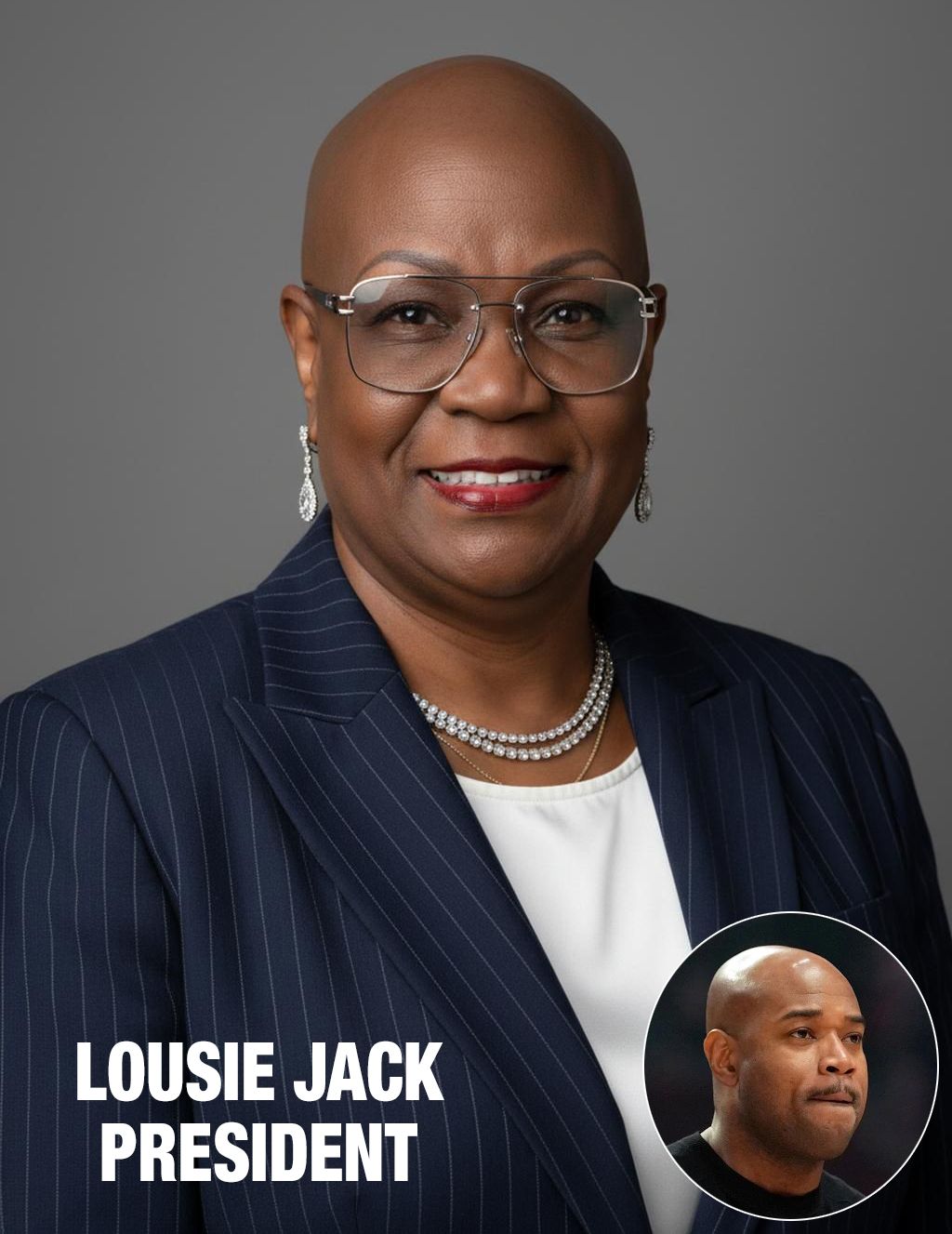 Louise Jack, Vice President, smiling, wearing jewelry; inset photo of a man in basketball jersey.