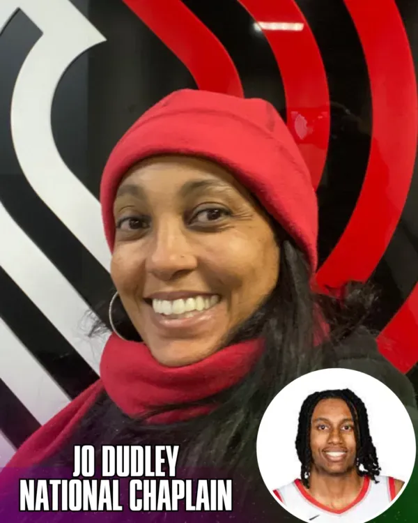 Woman in red hat and scarf, smiling. Text: Jo Dudley, National Chaplain. Circular inset photo of a man in basketball uniform.